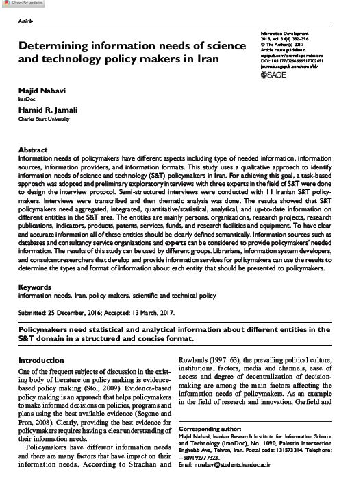 Determining information needs of science and technology policy makers in Iran
