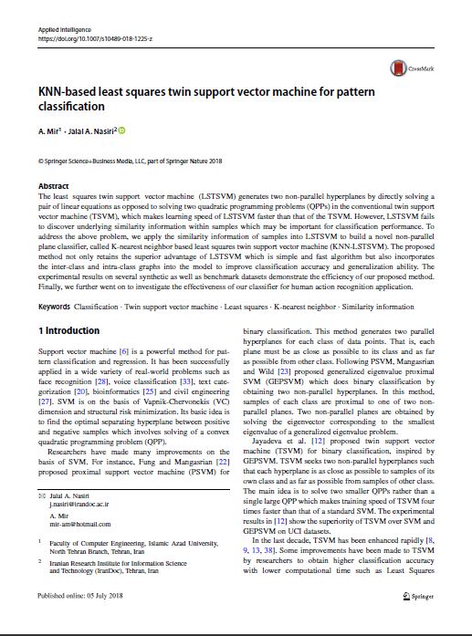 KNN-based least squares twin support vector machine for pattern classification