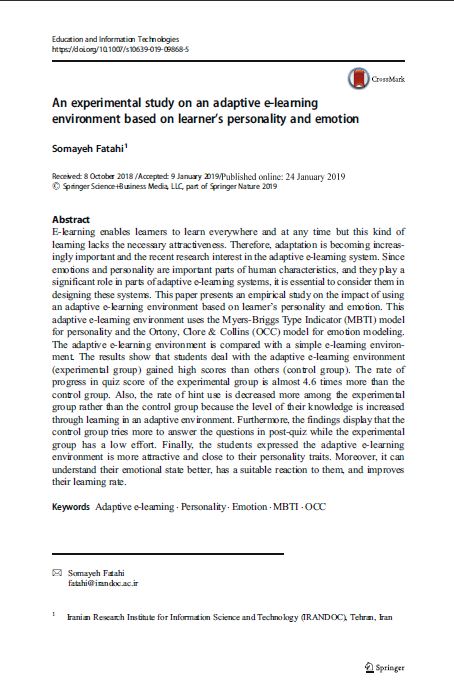 An experimental study on an adaptive e-learning environment based on learner’s personality and emotion
