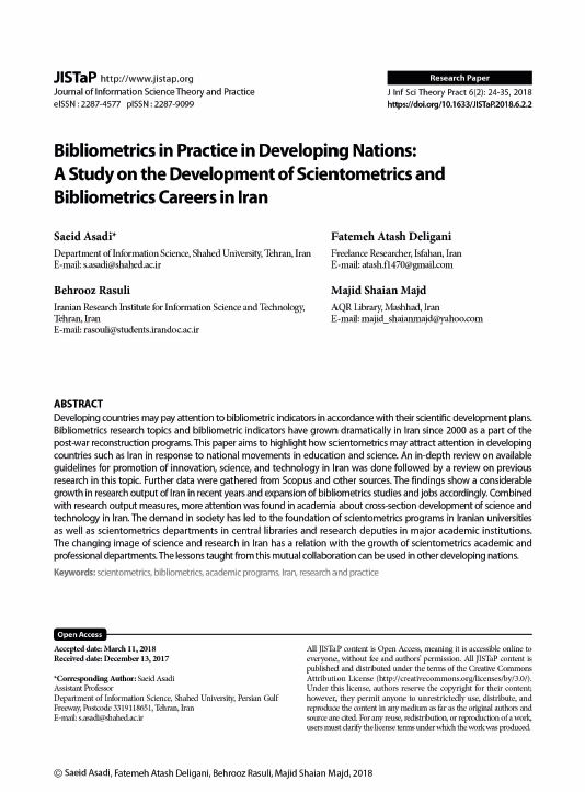 Bibliometrics in Practice in Developing Nations: A Study on the Development of Scientometrics and Bibliometrics Careers in Iran