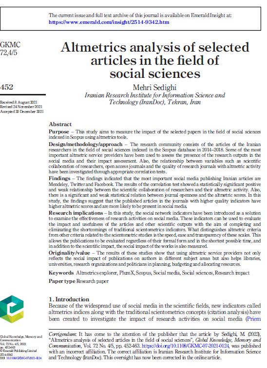 Altmetrics analysis of selected articles in the field of social sciences