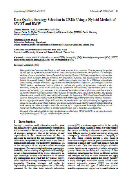 Data Quality Strategy Selection in CRIS: Using a Hybrid Method of SWOT and BWM
