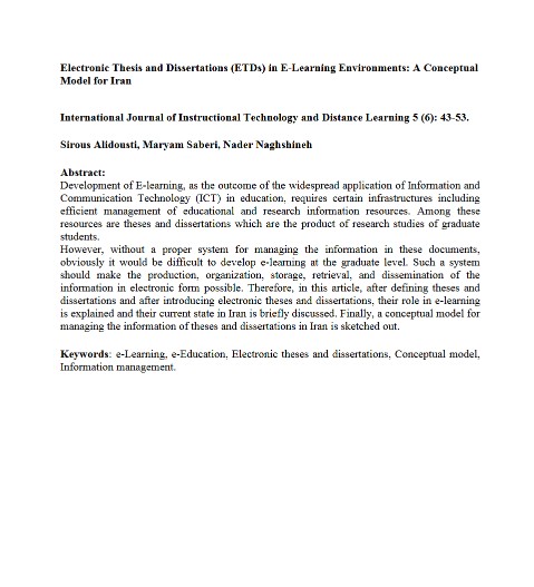Electronic Thesis and Dissertations (ETDs) in E-Learning environment: A Conceptual Model for Iran