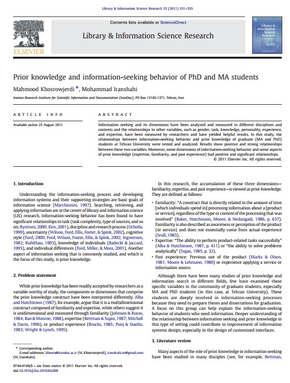 Prior Knowledge and Information– Seeking Behavior of PhD and MA Students