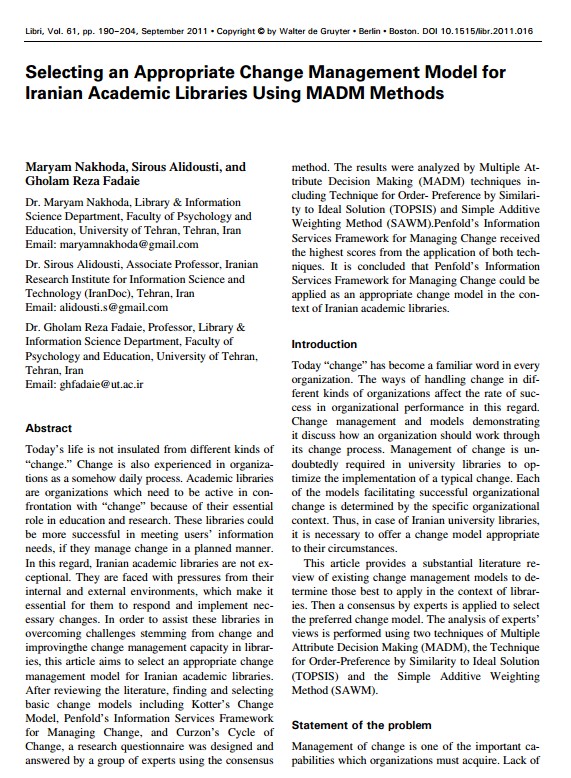 Selecting an appropriate change management model to the Iranian academic libraries using MADM methods