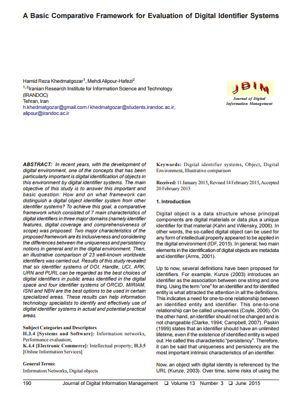  A Basic Comparative Framework for Evaluation of Digital Identifier Systems
