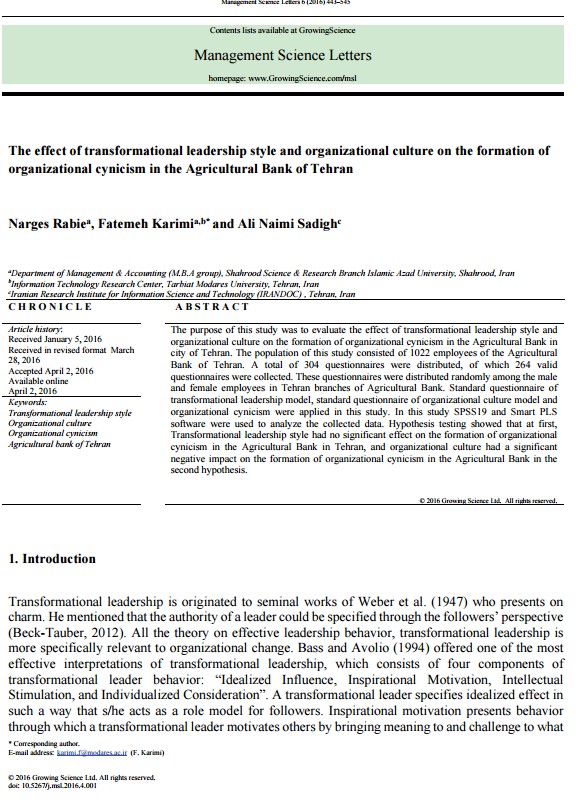 The effect of transformational leadership style and organizational culture on the formation of organizational cynicism in the Agricultural Bank of Tehran