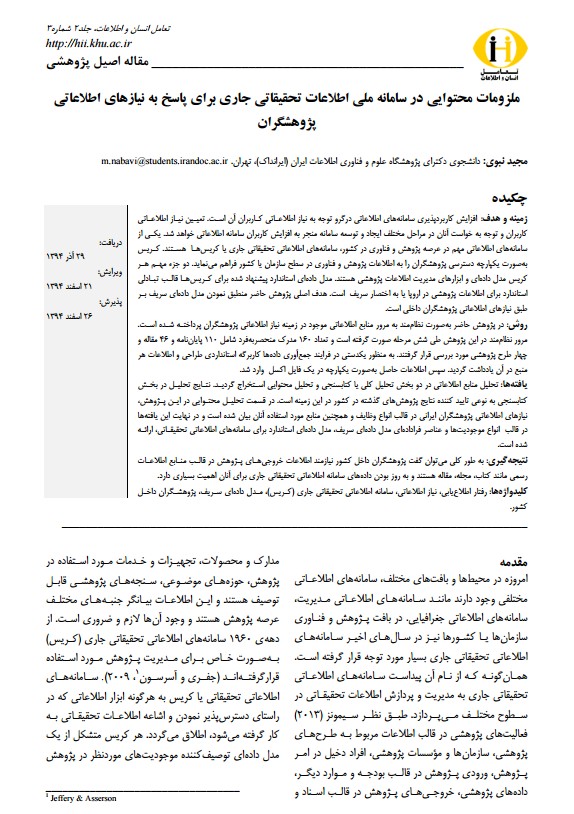 ملزومات محتوایی در سامانه ملی اطلاعات تحقیقاتی جاری برای پاسخ به نیازهای اطلاعاتی پژوهشگران