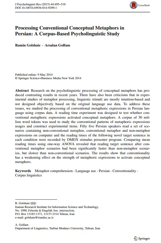 Processing Conventional Conceptual Metaphors in Persian: A Corpus-Based Psycholinguistic Study