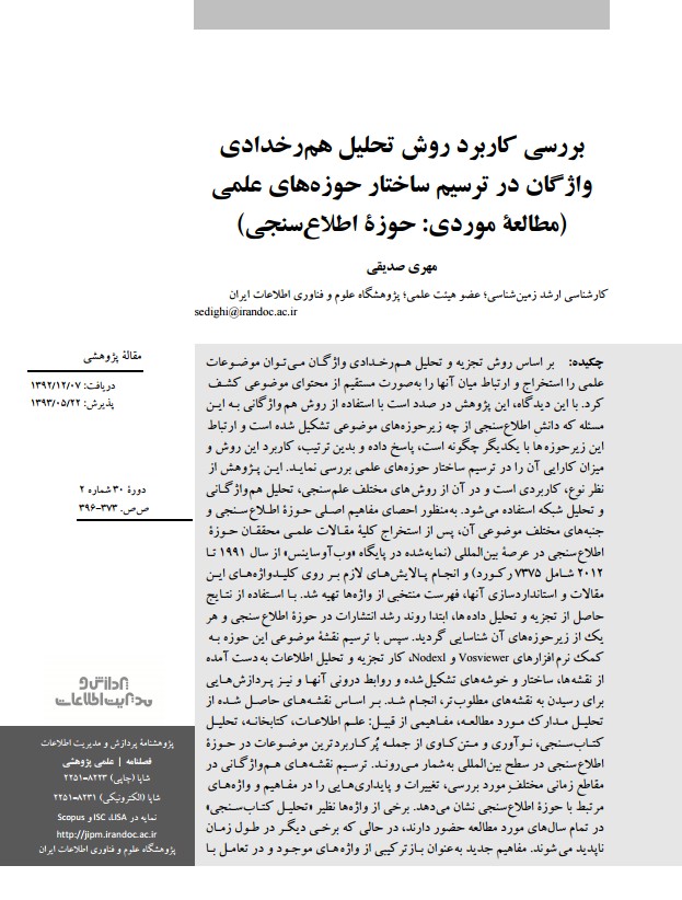 بررسی کاربرد روش تحلیل هم‌رخدادی واژگان در ترسیم ساختار حوزه‌‌های علمی (مطالعه موردی: حوزه اطلاع‌سنجی)