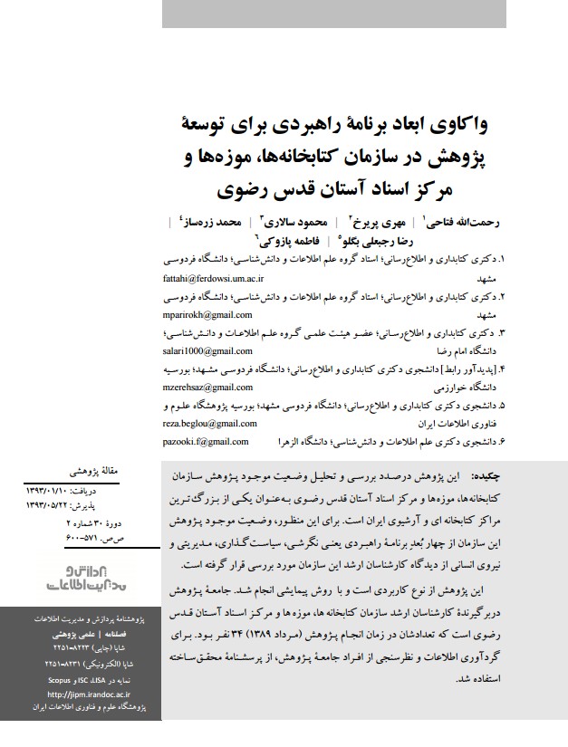 واکاوی ابعاد برنامه راهبردی برای توسعه پژوهش در سازمان کتابخانه‌ها، موزه‌ها و مرکز اسناد آستان قدس رضوی