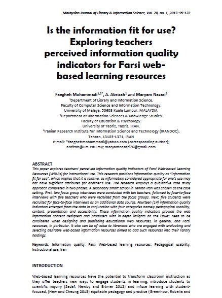 Is the information fit for use? Exploring teachers perceived information quality indicators for Farsi web-based learning resources