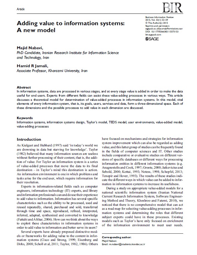 Adding value to information systems: A new model