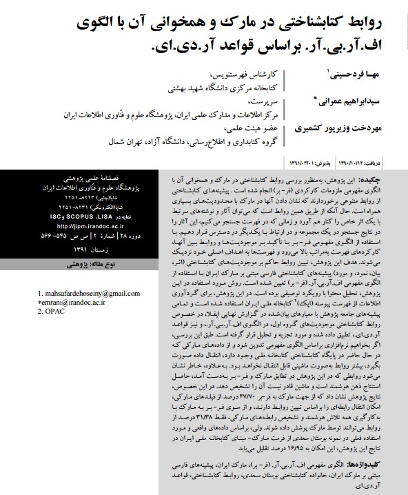 روابط کتابشناختی در مارک و همخوانی آن با الگوی اف.آر.بی.آر. بر اساس قواعد آر.دی.ای.