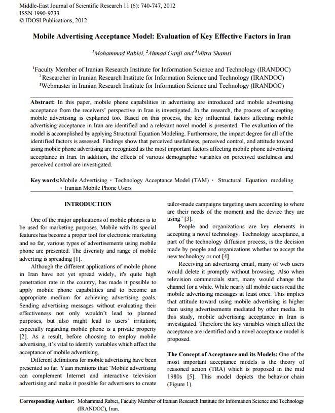 Mobile Advertising Acceptance Model: Evaluation of Key Effective Factors in Iran