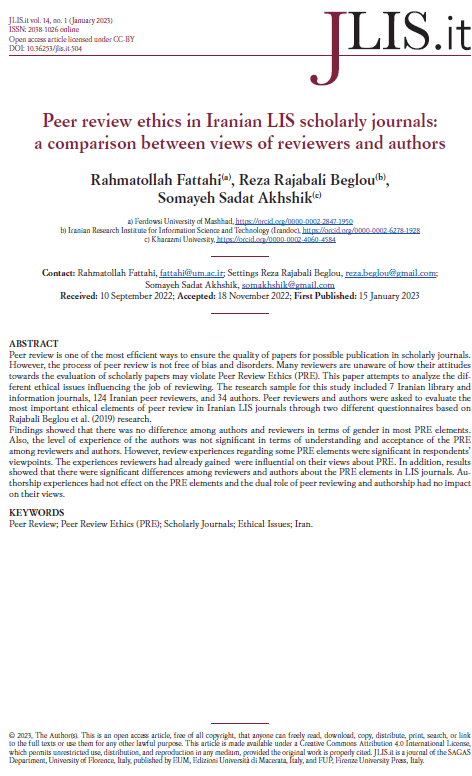 Peer review ethics in Iranian LIS scholarly journals: a comparison between views of reviewers and authors