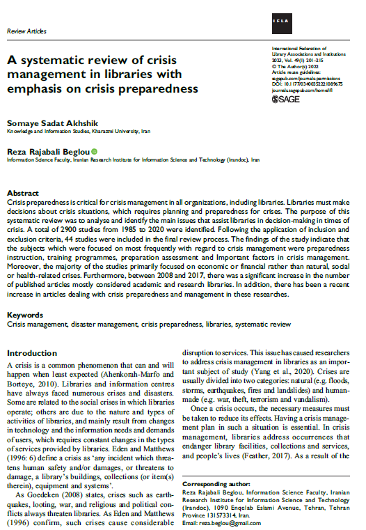 A systematic review of crisis management in libraries with emphasis on crisis preparedness