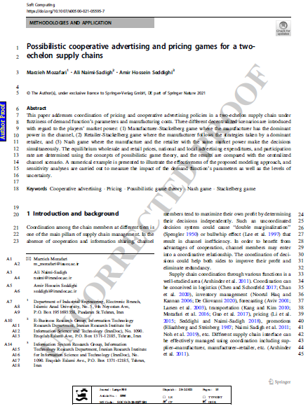 Possibilistic cooperative advertising and pricing games for a two-echelon supply chain