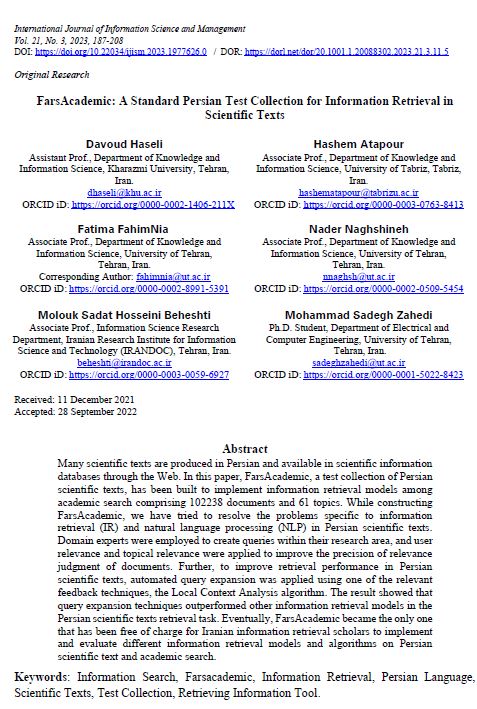 FarsAcademic: A Standard Persian Test Collection for Information Retrieval in Scientific Texts