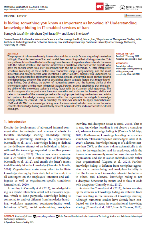 Is hiding something you know as important as knowing it? Understanding knowledge hiding in IT-enabled services of Iran