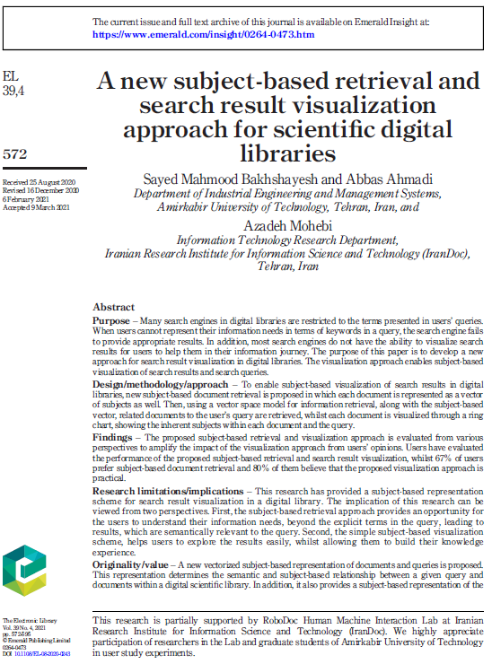 A new subject-based retrieval and search result visualization approach for scientific digital libraries
