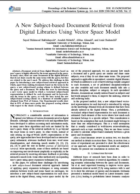 A New Subject-Based Document Retrieval from Digital Libraries Using Vector Space Model