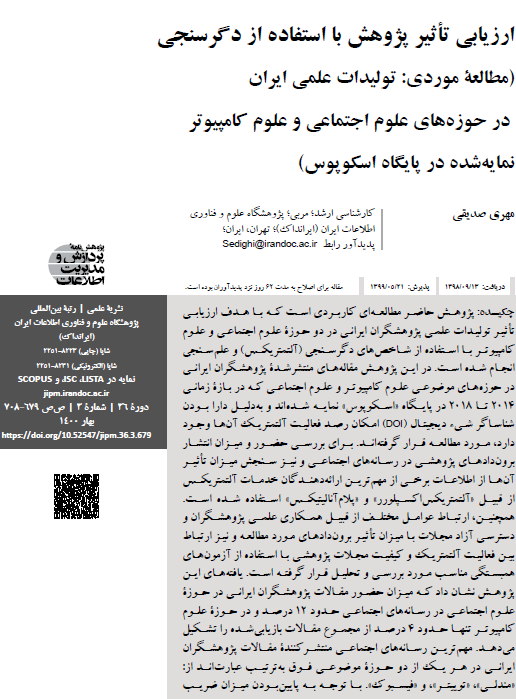 ارزیابی تأثیر پژوهش‌ با استفاده از دگرسنجی(مطالعه موردی: تولیدات علمی ایران در حوزه‌های علوم اجتماعی و علوم کامپیوتر، نمایه‌شده در پایگاه اسکوپوس).