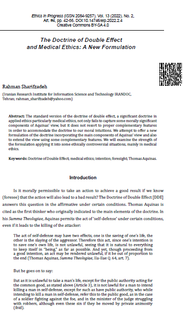 The Doctrine of Double Effect and Medical Ethics: A New Formulation