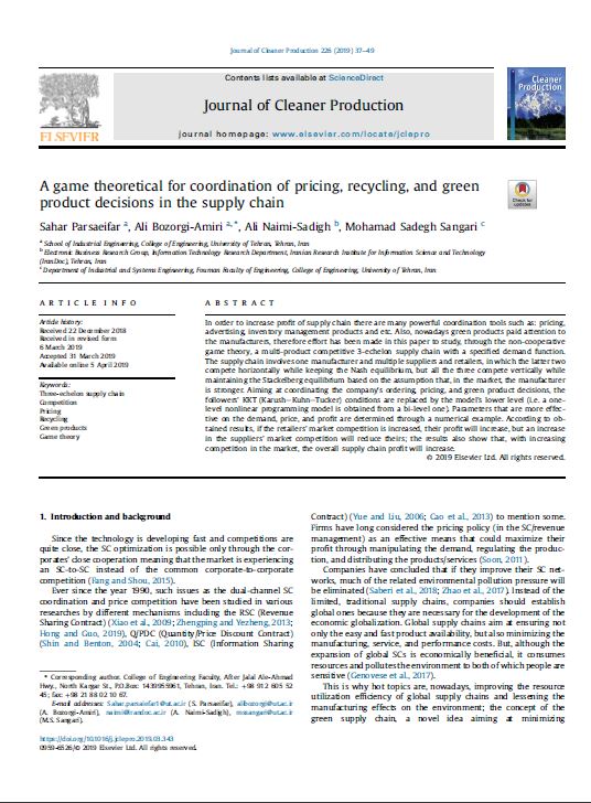 A game theoretical for coordination of pricing, recycling, and green product decisions in the supply chain