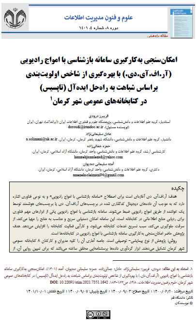 امکان سنجی به کارگیری سامانه بازشناسی با امواج رادیویی )آر.اف.آی.دی.) با بهره گیری از شاخص اولویت بندی براساس شباهت به راه حل ایده آل(تاپسیس) در کتابخانه های عمومی شهر کرمان