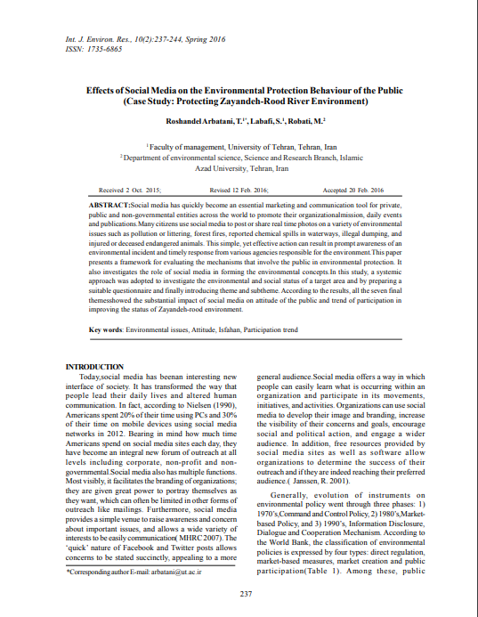 Effects of Social Media on the Environmental Protection Behavior of the Public (Case Study: Protecting Zayandeh-Rood River Environment) 