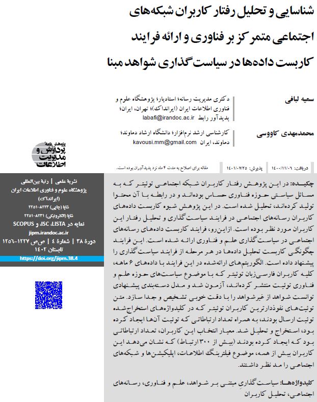 شناسایی و تحلیل رفتار کاربران شبکه های اجتماعی متمرکز بر فناوری و ارائه فرایند کاربست داده‌ها در سیاستگذاری شواهد مبنا