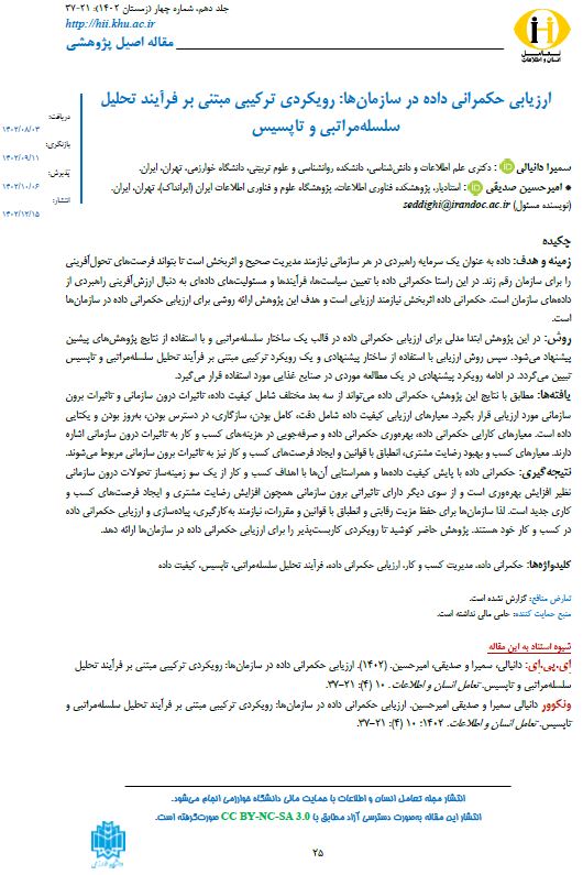 ارزیابی حکمرانی داده در سازمان‌ها: رویکردی ترکیبی مبتنی بر فرآیند تحلیل سلسله‌مراتبی و تاپسیس