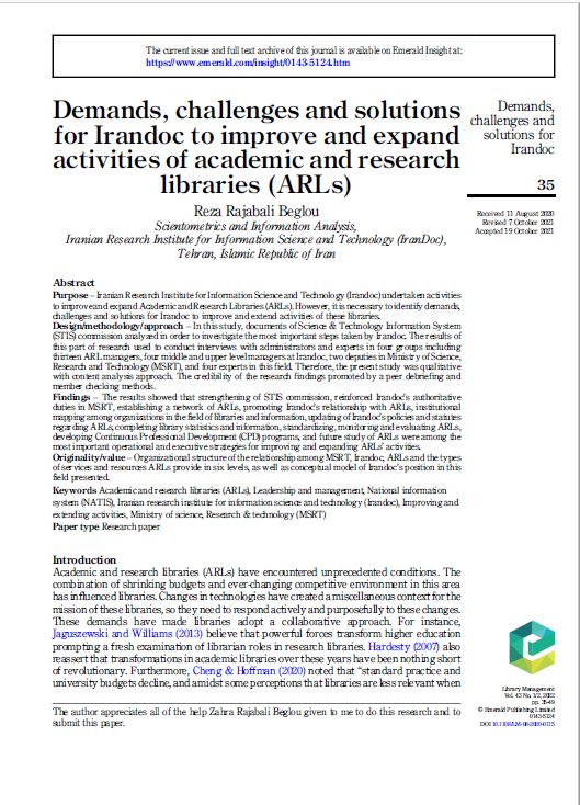 Demands, challenges and solutions for Irandoc to improve and expand activities of academic and research libraries (ARLs)