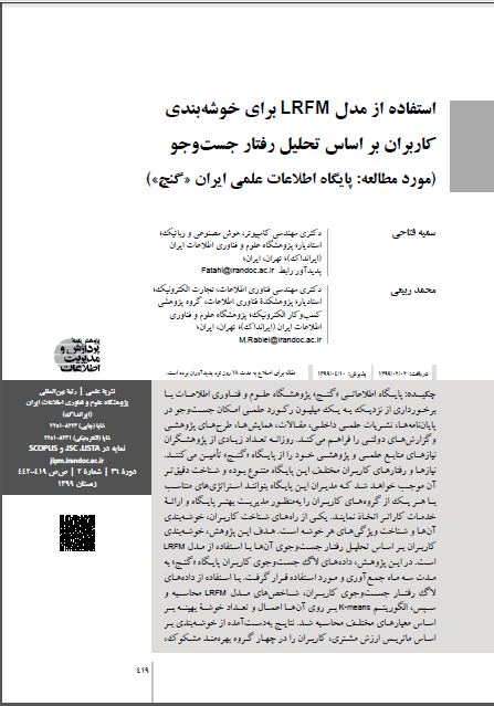 استفاده از مدل LRFM برای خوشه‌بندی کاربران براساس تحلیل رفتار جستجو (مورد مطالعه: پایگاه اطلاعات علمی ایران (گنج))