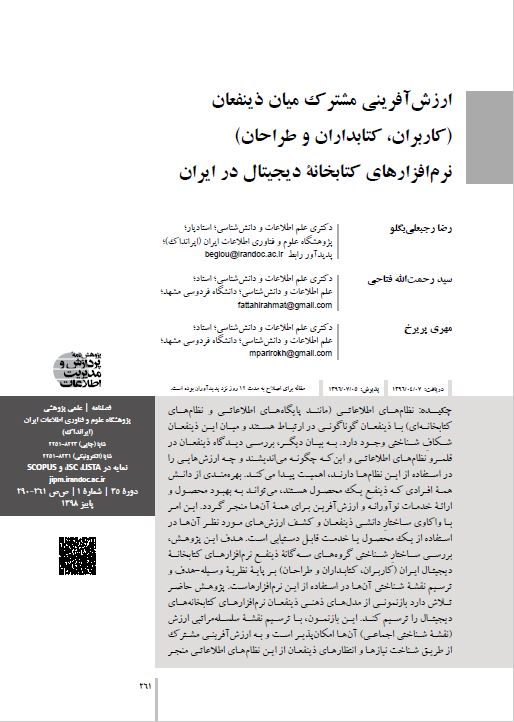 ارزش‌آفرینی مشترک میان ذی‌نفعان (کاربران، کتابداران و طراحان) نرم‌افزارهای کتابخانه دیجیتال در ایران