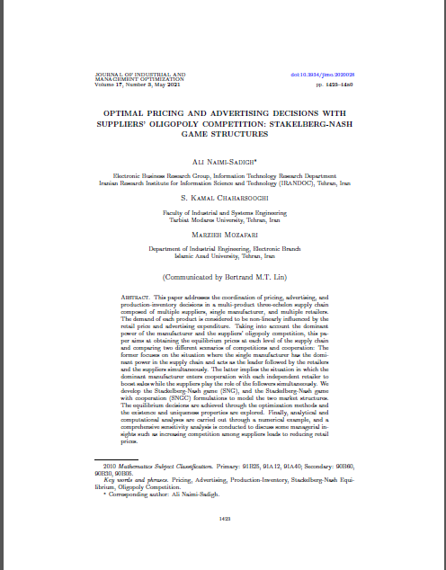 Optimal Pricing And Advertising Decisions With Suppliers' Oligopoly Competition: Stakelberg-Nash Game Structures
