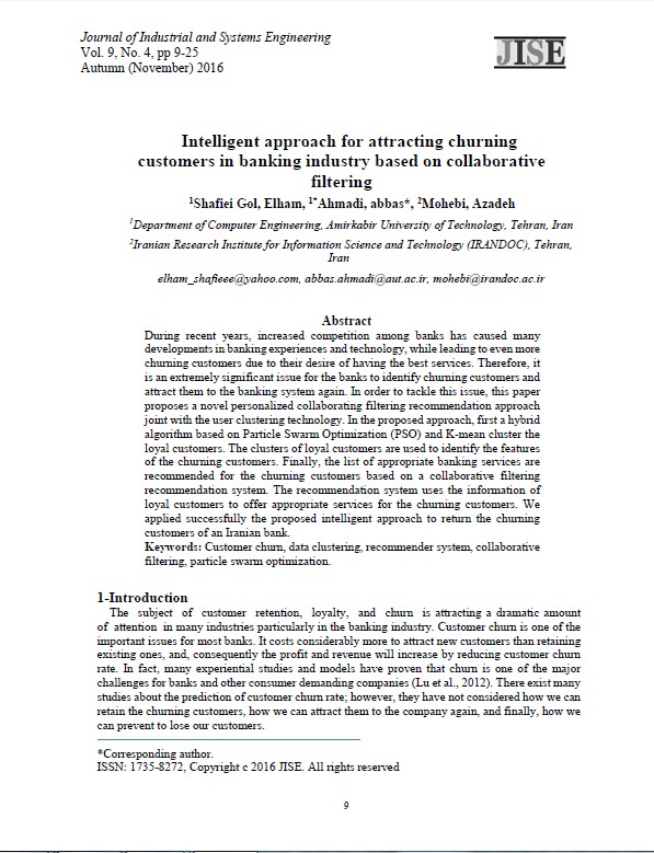 Intelligent approach for attracting churning customers in banking industry based on collaborative filtering