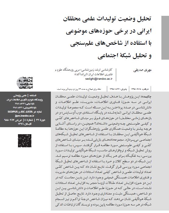 تحلیل وضعیت تولیدات علمی محققان ایرانی در برخی حوزه‌های موضوعی با استفاده از شاخص‌های علم‌سنجی و تحلیل شبکه اجتماعی