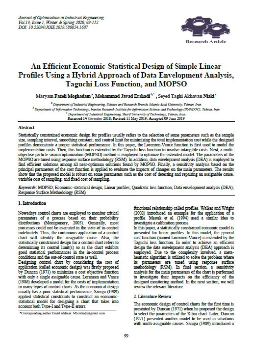 An Efficient Economic-Statistical Design of Simple Linear Profiles Using a Hybrid Approach of Data Envelopment Analysis, Taguchi Loss Function, and MOPSO 