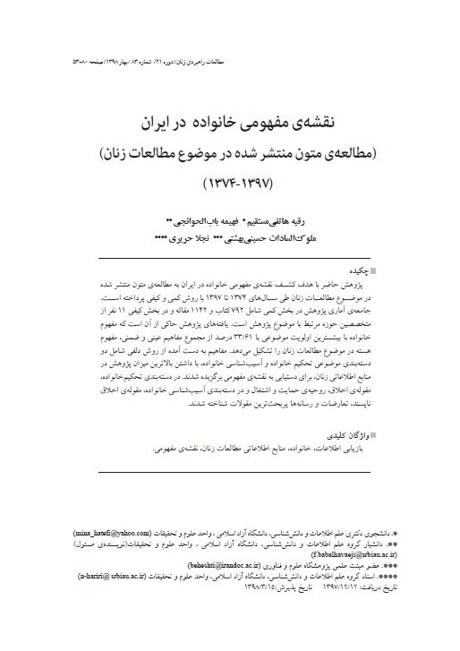 نقشه‌ مفهومی خانواده در ایران (مطالعه‌ متون منتشر شده در موضوع مطالعات زنان) (1397-1374) 