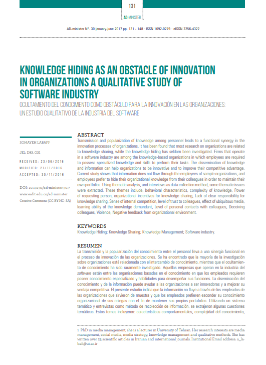 Knowledge Hiding as an Obstacle of Innovation in Organizations: A Qualitative Study of Software Industry