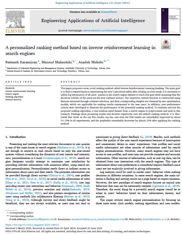 A personalized ranking method based on inverse reinforcement learning in search engines