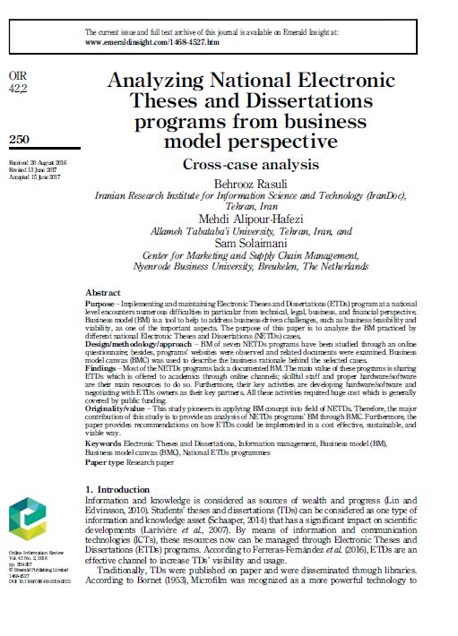 Analyzing National Electronic Theses and Dissertations programs from business model perspective: Cross-case analysis