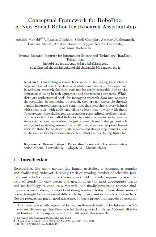 Conceptual Framework for RoboDoc: A New Social Robot for Research Assistantship