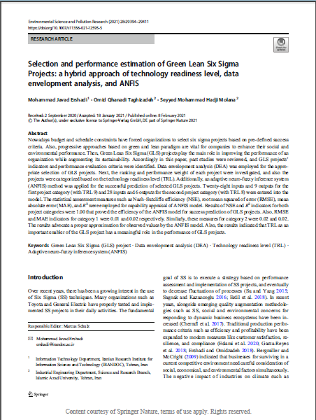 Selection and Performance Estimation of Green Lean Six Sigma Projects: A Hybrid Approach of Technology Readiness Level, Data Envelopment Analysis, and ANFIS