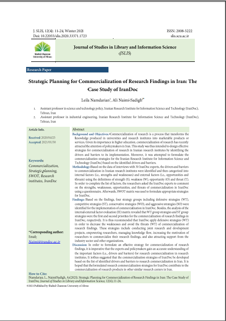 Strategic Planning for Commercialization of Research Findings in Iran: The Case Study of IranDoc 