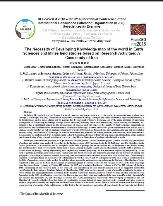 The Necessity of Developing Knowledge map of the world in Earth Sciences and Mines field studies based on Research Activities: A Case study of Iran